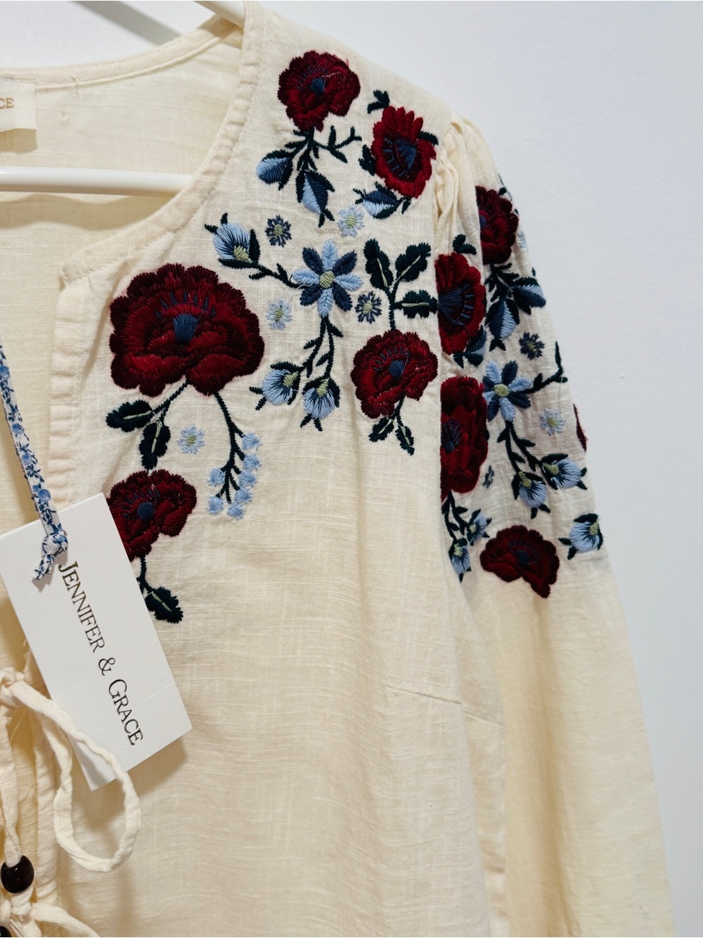 Jennifer & Grace Cream Embroidered Floral Lace-Trim Blouse - Picture 9 of 11